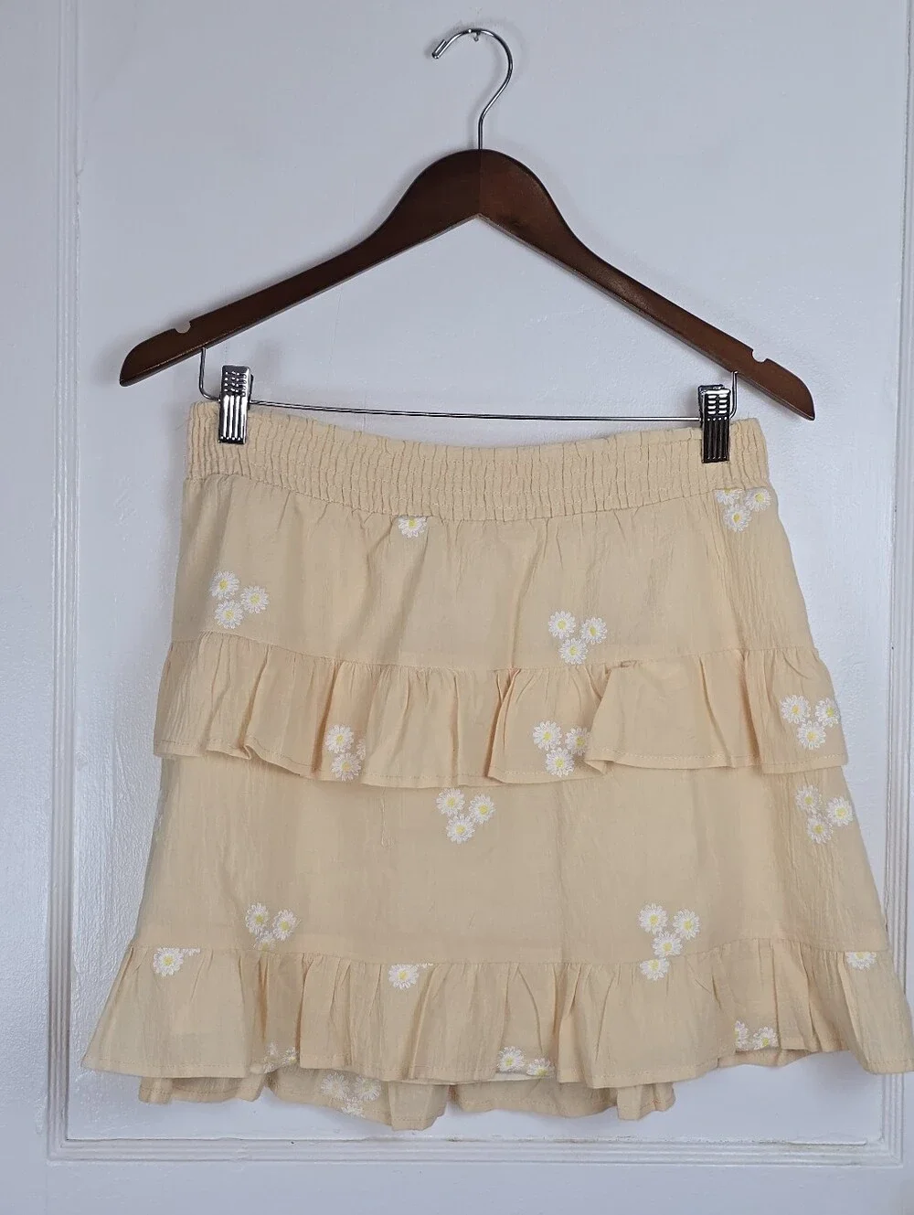 Les Lis Yellow Cotton Tiered Ruffle Embroidered Coquette Mini Skirt L